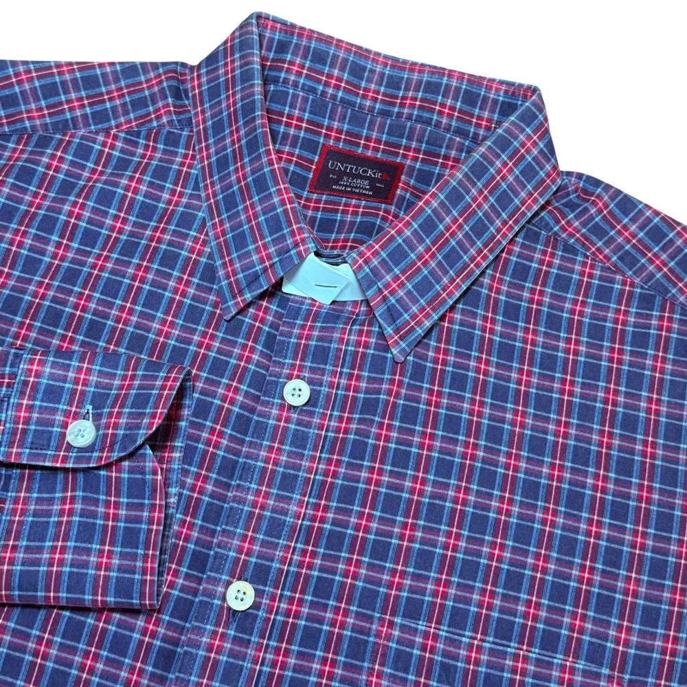 UNTUCKit Luzon‎ Mens XL Blue Red Plaid Cotton Button Down Shirt Long Sleeve
